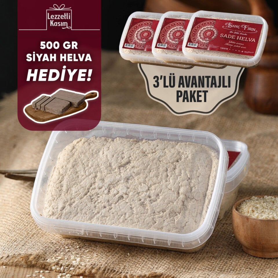 Şeker İlavesiz Sade Tahin Helvası 3'lü Paket (500 Gr Siyah Helva Hediye)