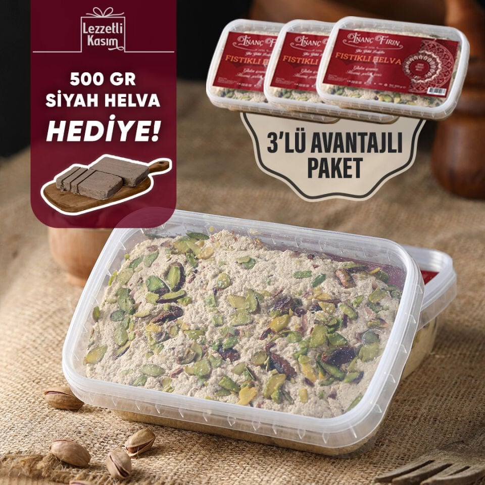 Şeker İlavesiz Fıstıklı Tahin Helvası 3'lü Paket  (500 Gr Siyah Helva Hediye)